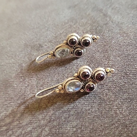 Sterling Oxidized Silver Garnet Labrodite Dangle Hook Earrings - Picture 2 of 5